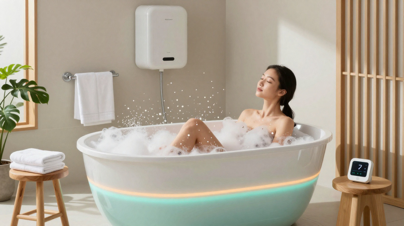 Mulher relaxa numa banheira com espuma, num ambiente minimalista e luminoso de casa de banho.