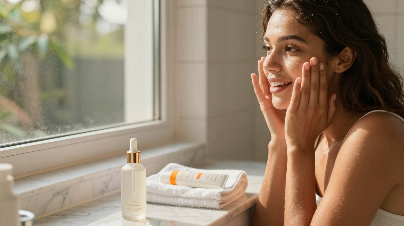 Mulher aplica produtos de cuidados de pele junto a janela iluminada pela luz natural.