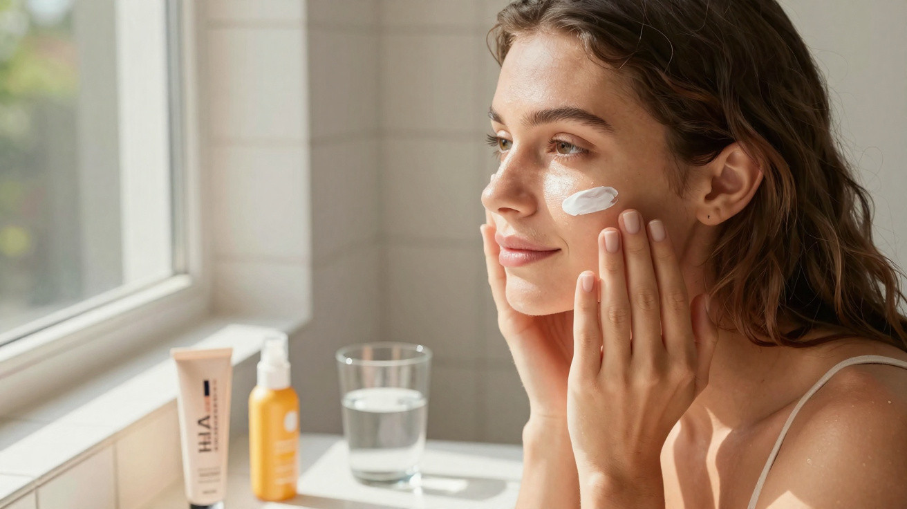 Mulher jovem aplica creme hidratante no rosto junto a janela com produtos de cuidado da pele.