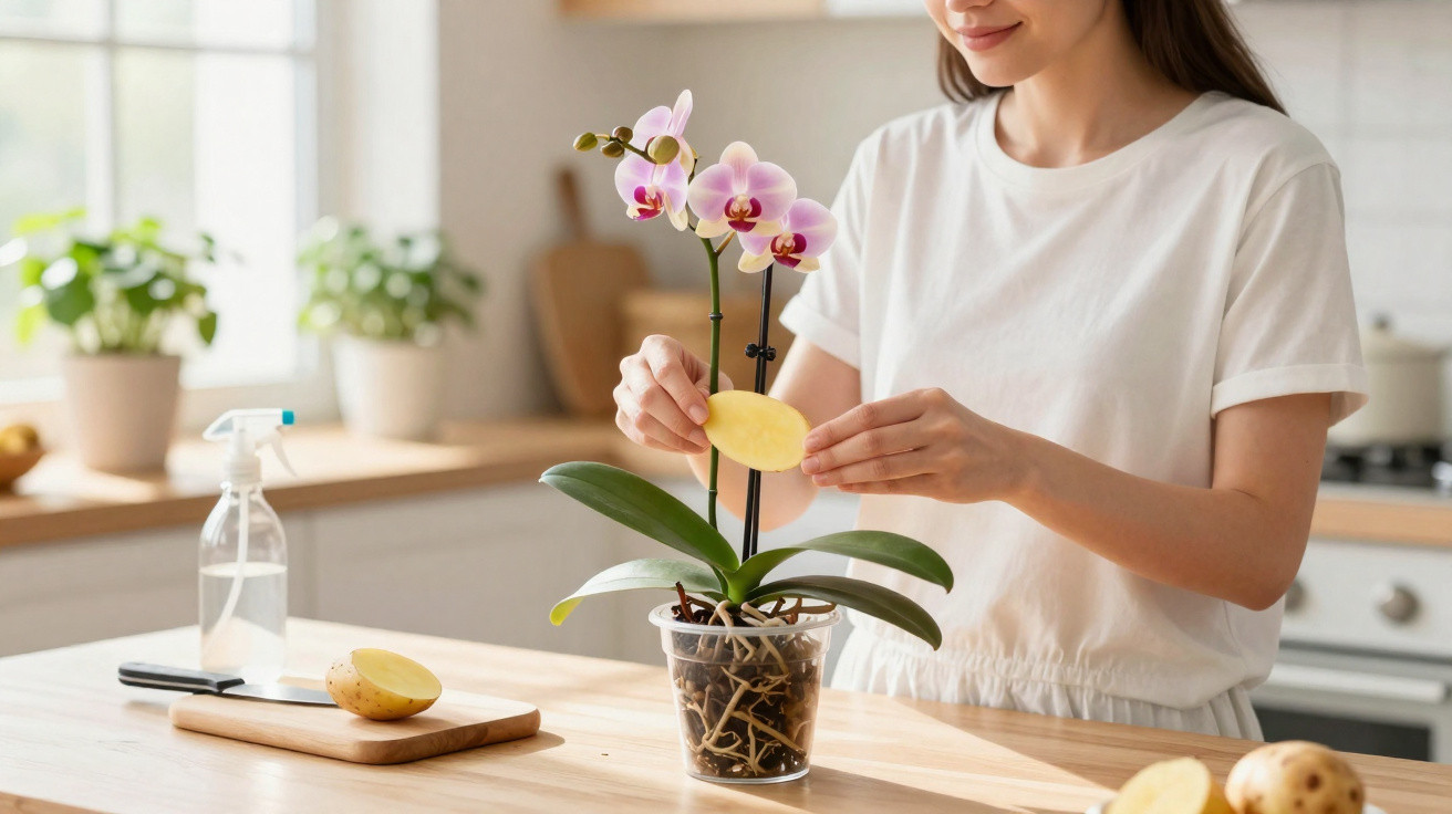 Mulher cuida de orquídea em vaso usando batata para tratamento na cozinha iluminada.