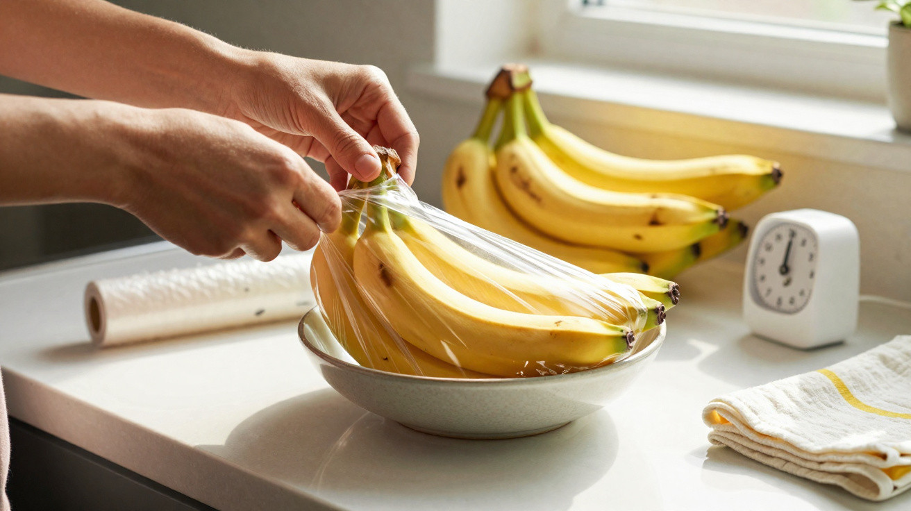 Mãos a embrulhar cachos de bananas com plástico transparente numa tigela numa cozinha luminosa.