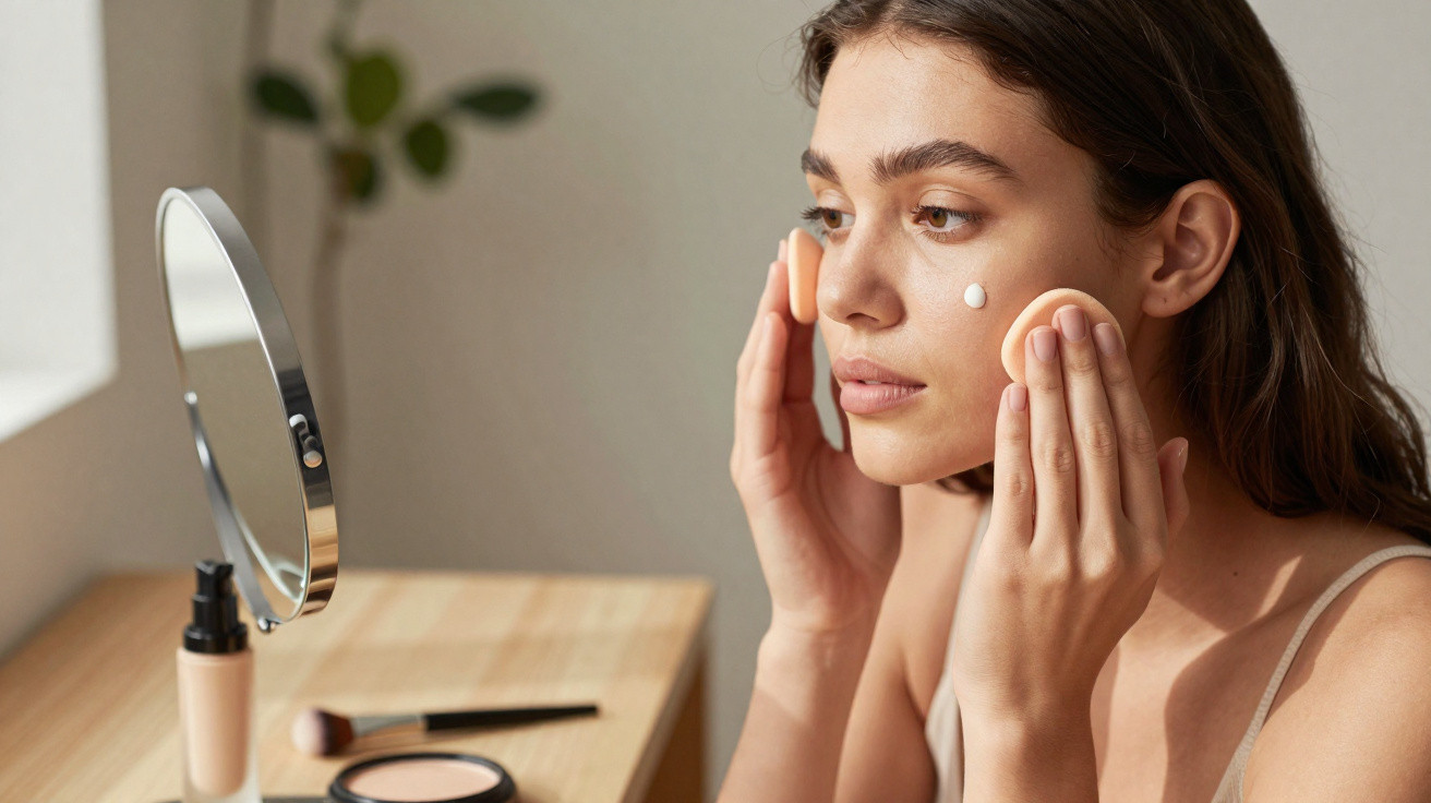 Mulher a aplicar creme facial com esponja sentada numa mesa com espelho e produtos de maquilhagem.
