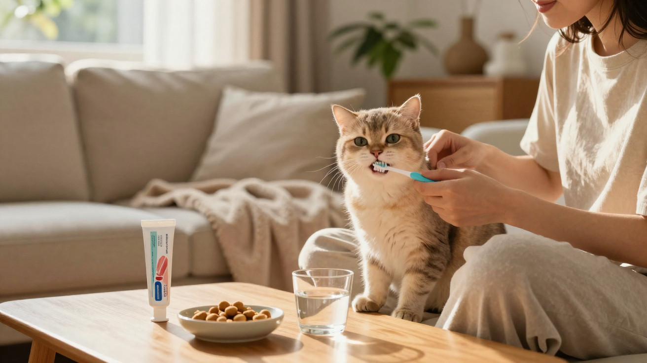 Pessoa a escovar os dentes de um gato sentado num sofá, com comida e água numa mesa ao lado.