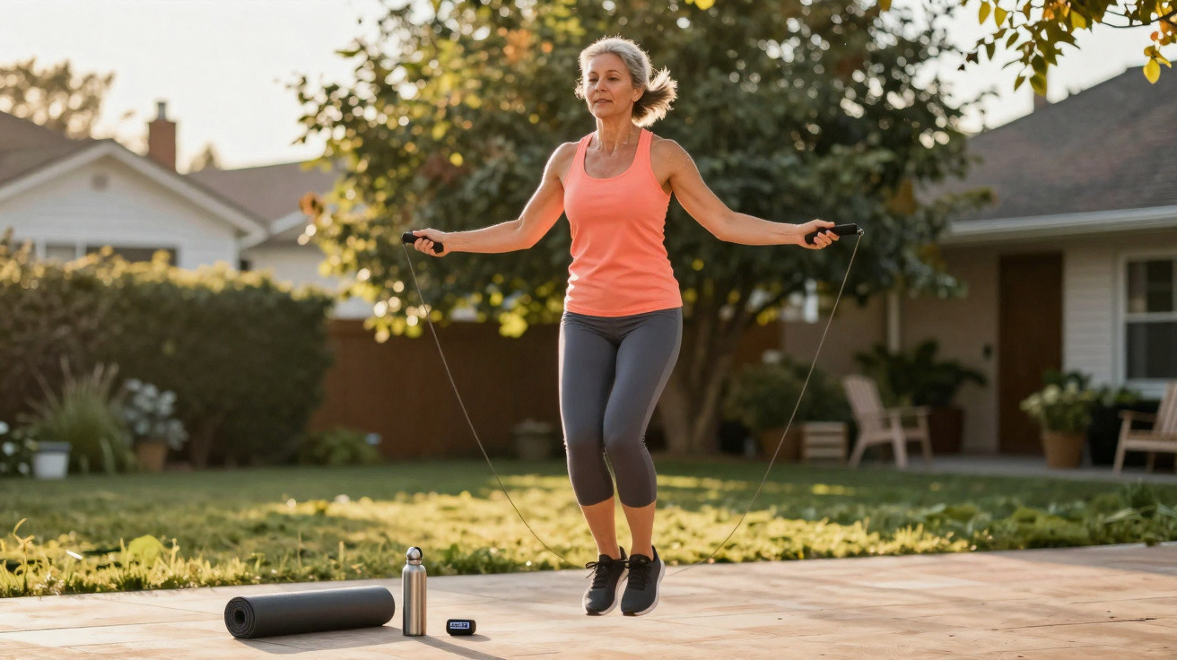 Mulher a saltar à corda num jardim ao amanhecer, com tapete de yoga, garrafa e relógio no chão.
