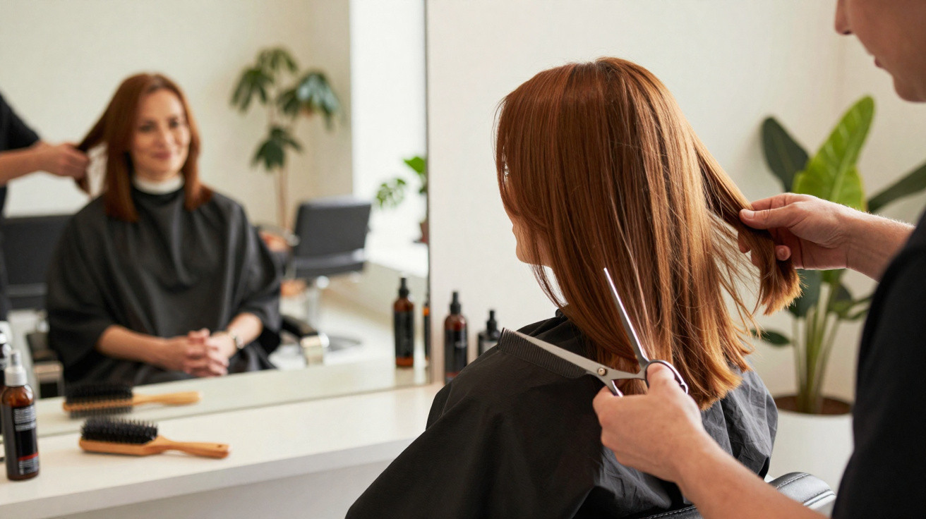 Mulher sorridente a cortar cabelo num salão de cabeleireiro com produtos e espelho à frente.