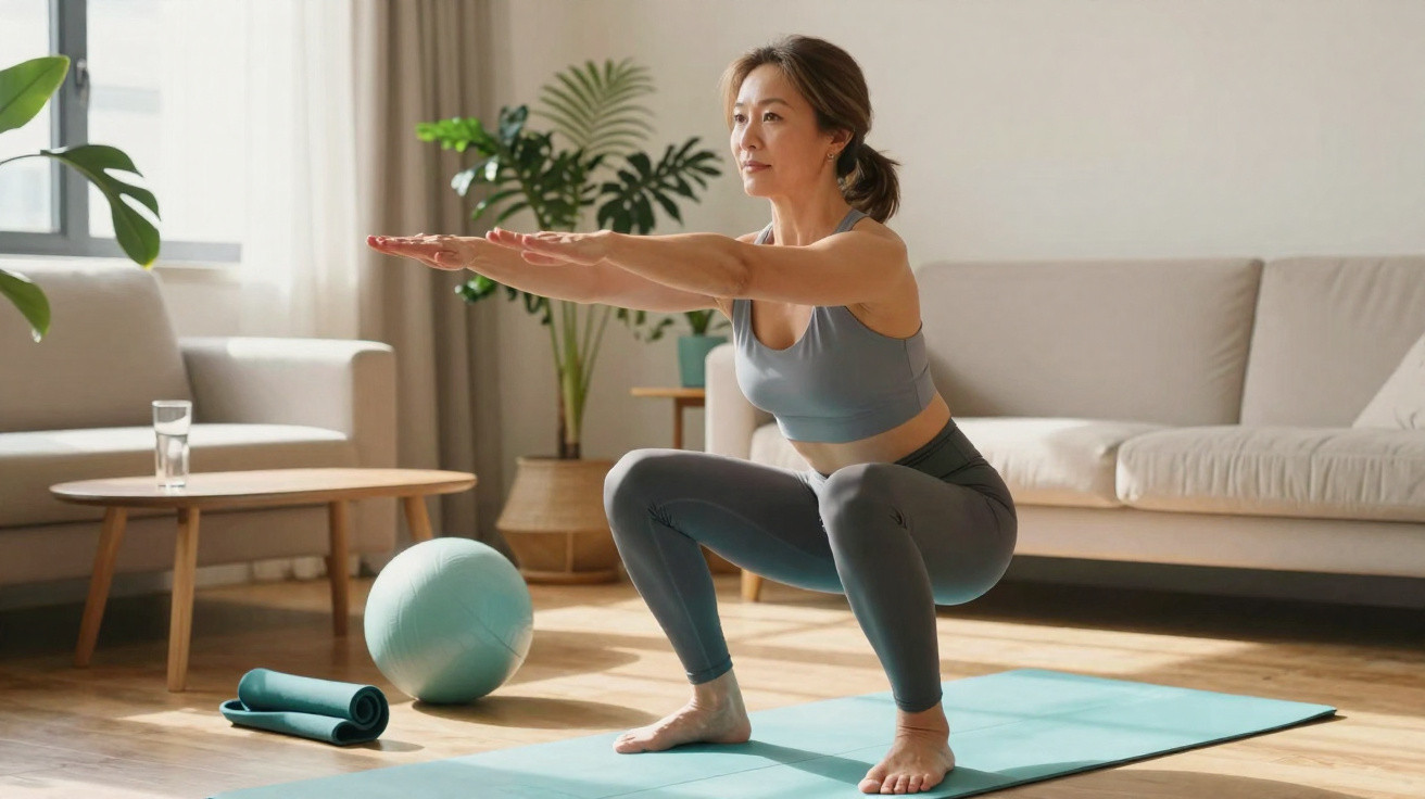 Mulher a fazer agachamento numa sala de estar com tapete de yoga, bola fitness e sofá ao fundo.