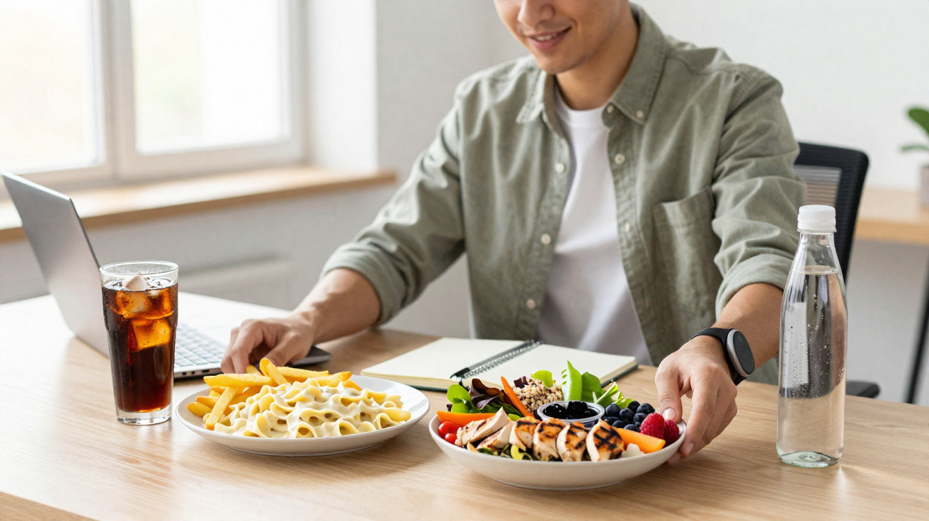 Mulher sentada à mesa com comida saudável e refrigerante, perto de computador portátil e garrafa de água.