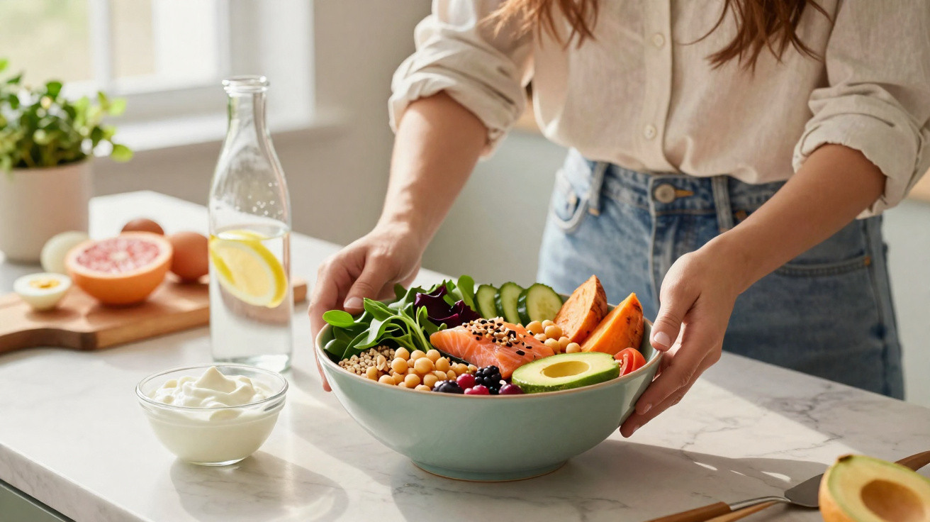 Pessoa a segurar tigela com salada colorida, incluindo legumes, legumes e frutas, numa cozinha iluminada.