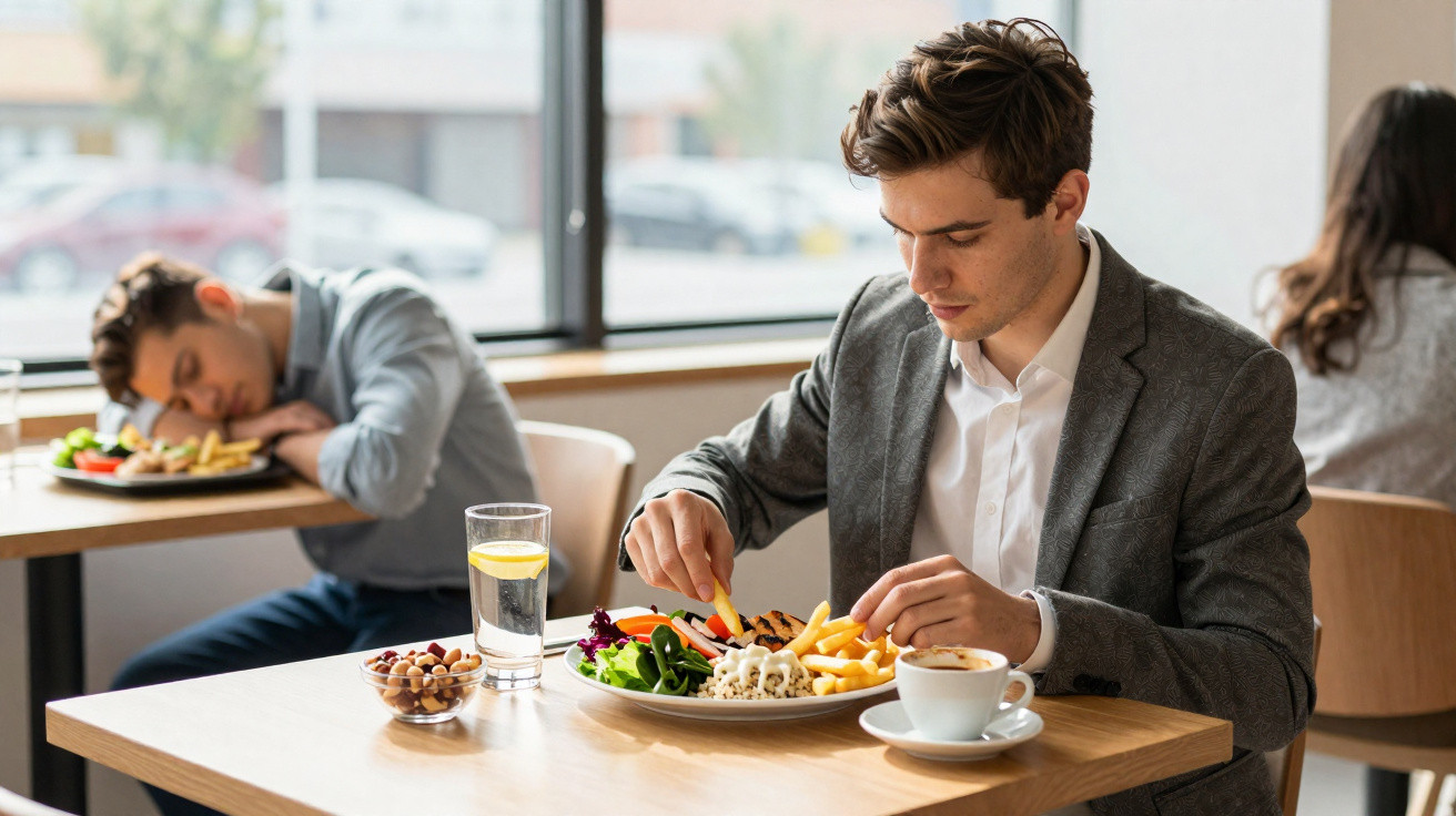 Homem de negócios a comer e outro a descansar cansado numa mesa numa cafetaria iluminada.