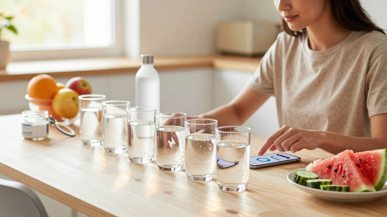 Pessoa sentada à mesa com vários copos de água, frutas frescas e a usar smartphone numa cozinha luminosa.