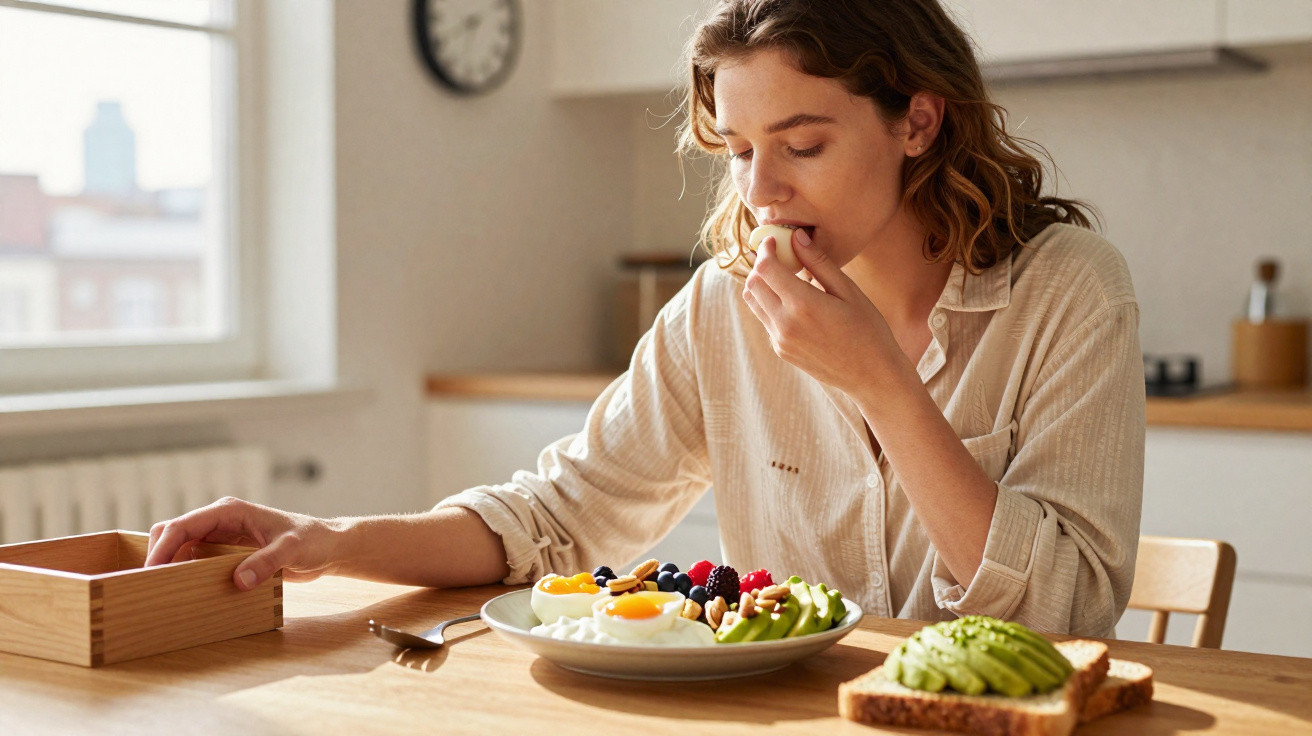 Mulher a comer ovo cozido ao pequeno-almoço, à mesa com frutas, abacate e pão na cozinha luminosa.
