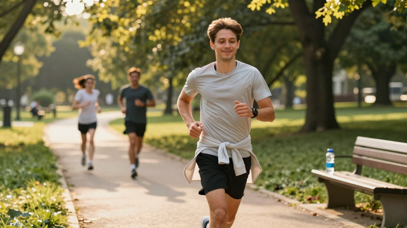 Homem a correr num parque com outras três pessoas em segundo plano num dia ensolarado.