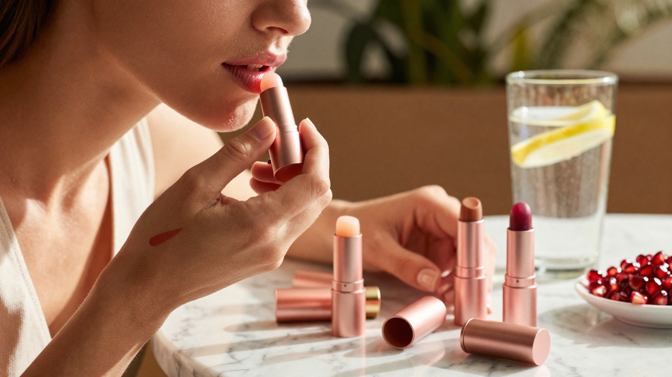 Mulher a aplicar batom rosa claro, com vários batons dispostos numa mesa em ambiente iluminado.