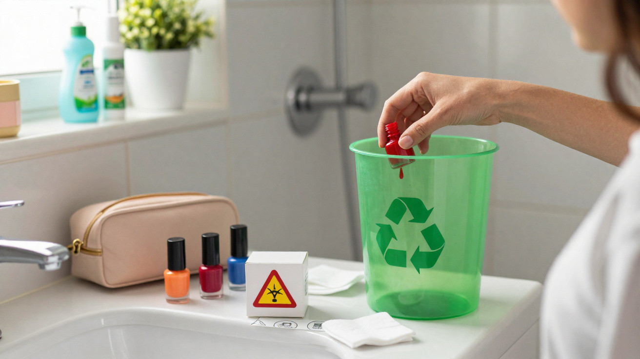 Mulher a preparar descartes de resíduos tóxicos de cosméticos junto a caixote de reciclagem verde.