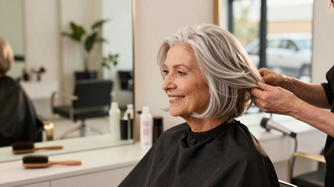 Mulher idosa sorridente com cabelo curto e branco sentada em cadeira de cabeleireiro junto a um espelho.