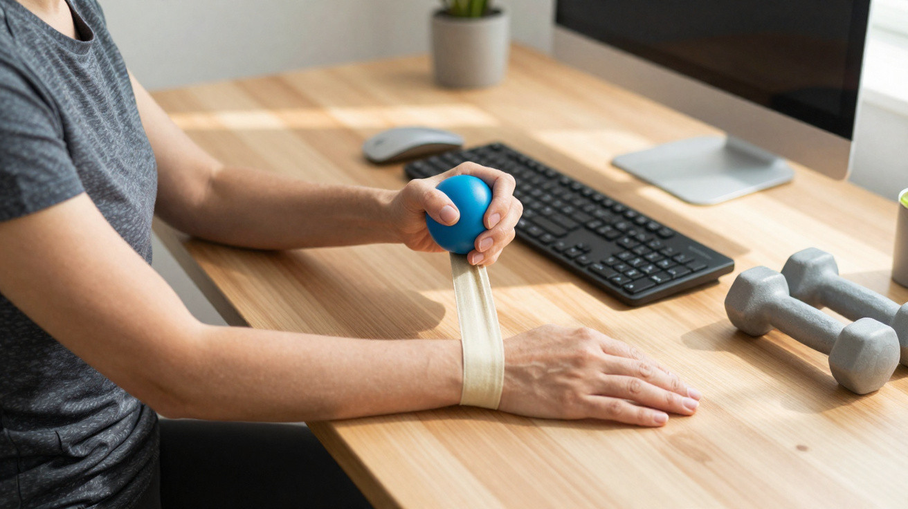 Pessoa a exercitar mãos com bolas de stress junto a secretária com computador e halteres.