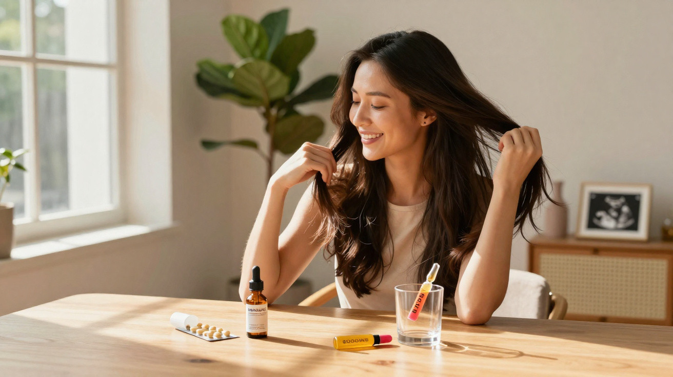 Mulher sentada à mesa com produtos de saúde e bem-estar, sorrindo e a mexer no cabelo.