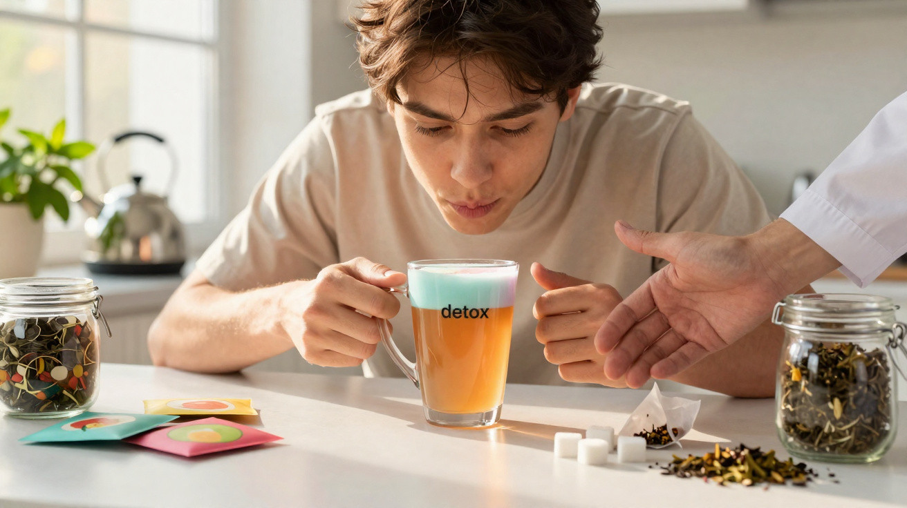 Jovem a beber uma bebida colorida numa chávena transparente enquanto uma mão aponta para a bebida.