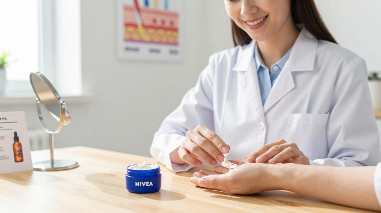 Especialista em saúde a aplicar creme Nivea na mão durante consulta num consultório.