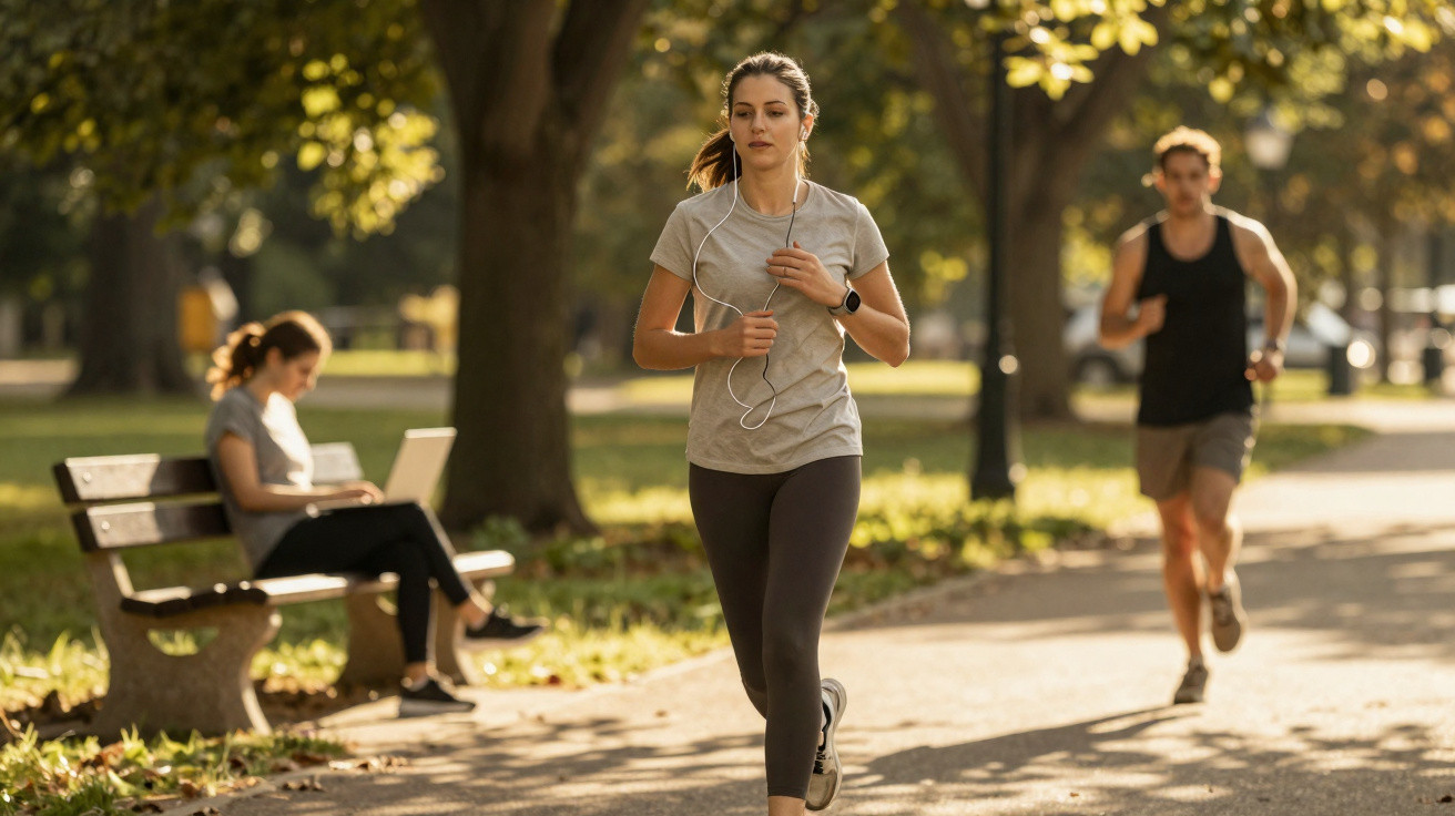 Mulher a correr num parque com auscultadores, homem a correr e pessoa sentada num banco com portátil ao fundo.