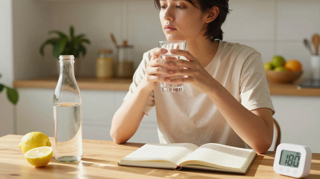 Pessoa a segurar copo de água, com livro aberto, limões, garrafa de água e temporizador numa mesa de madeira.