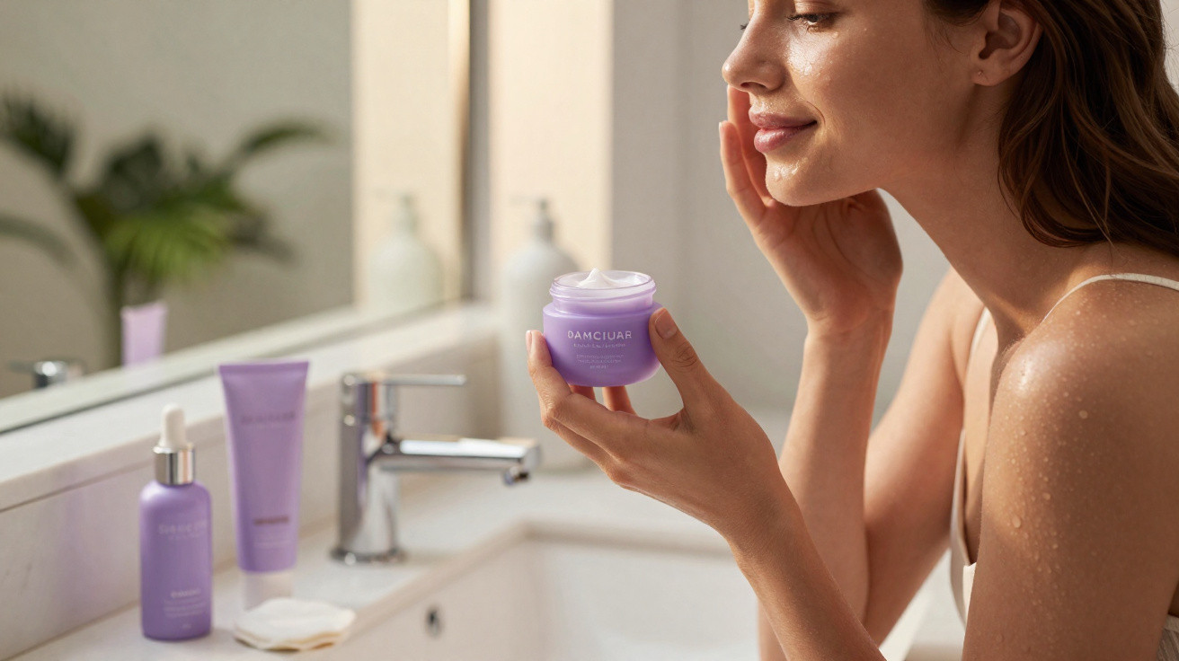 Mulher a aplicar creme hidratante no rosto junto a produtos de cuidado da pele numa casa de banho moderna.