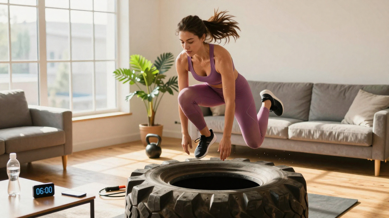 Mulher a fazer exercício de salto para cima de pneu grande dentro de uma sala de estar iluminada.
