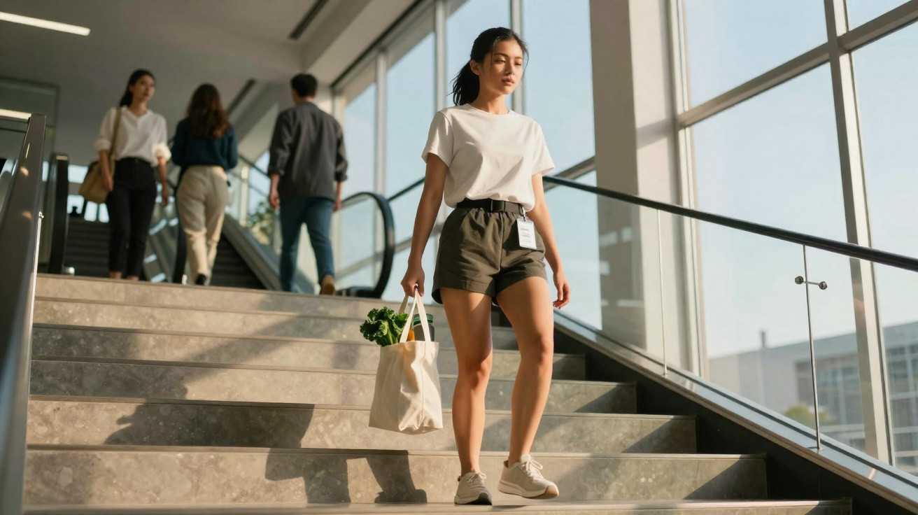Mulher jovem a descer escadas com saco de compras reutilizável num edifício moderno com grande janela.
