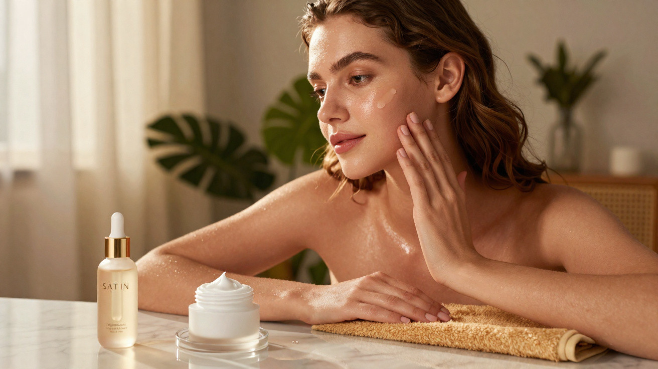 Mulher com pele hidratada toca o pescoço, ao lado um creme, óleo facial e toalha numa mesa iluminada.
