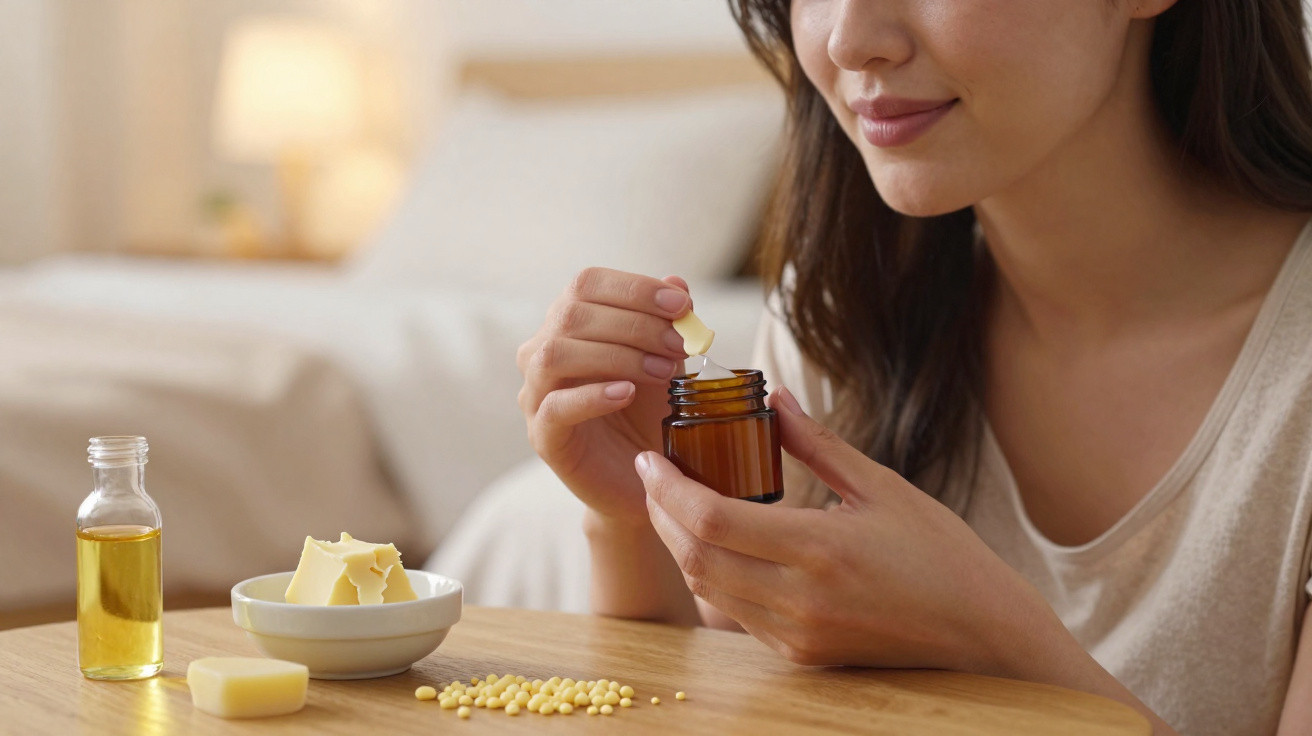 Mulher a aplicar creme num dedo, com manteiga, óleo e cápsulas numa mesa de madeira.