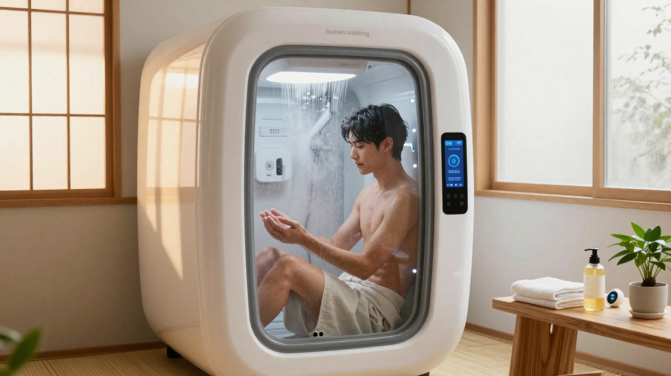 Homem sentado numa cabine de chuveiro moderna, envolto em toalha branca, num ambiente claro e minimalista.
