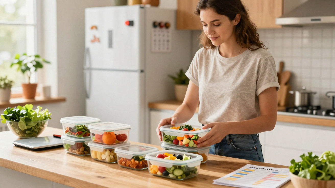 Mulher organiza recipientes com legumes e frutas numa cozinha moderna e iluminada.