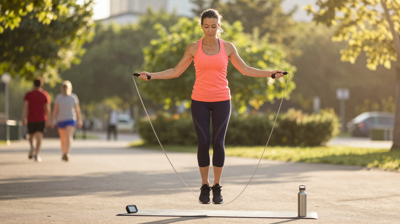 Mulher a fazer corda ao ar livre numa zona urbana, com garrafa e relógio no tapete de exercício.