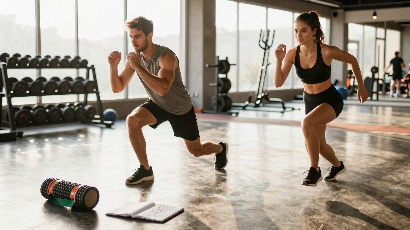 Homem e mulher a fazer exercícios de agilidade num ginásio moderno com equipamentos ao fundo.