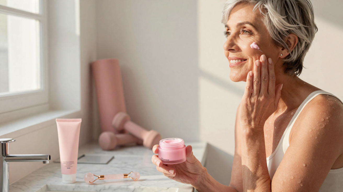 Mulher sorridente aplica creme rosa no rosto numa casa de banho iluminada pelo sol.