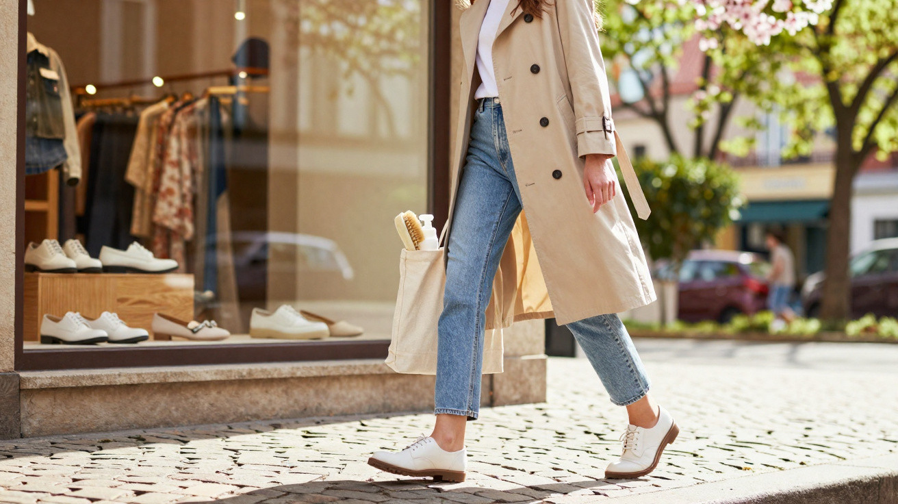 Pessoa a caminhar na calçada em frente a uma montra de sapatos, vestindo casaco bege e jeans azul.