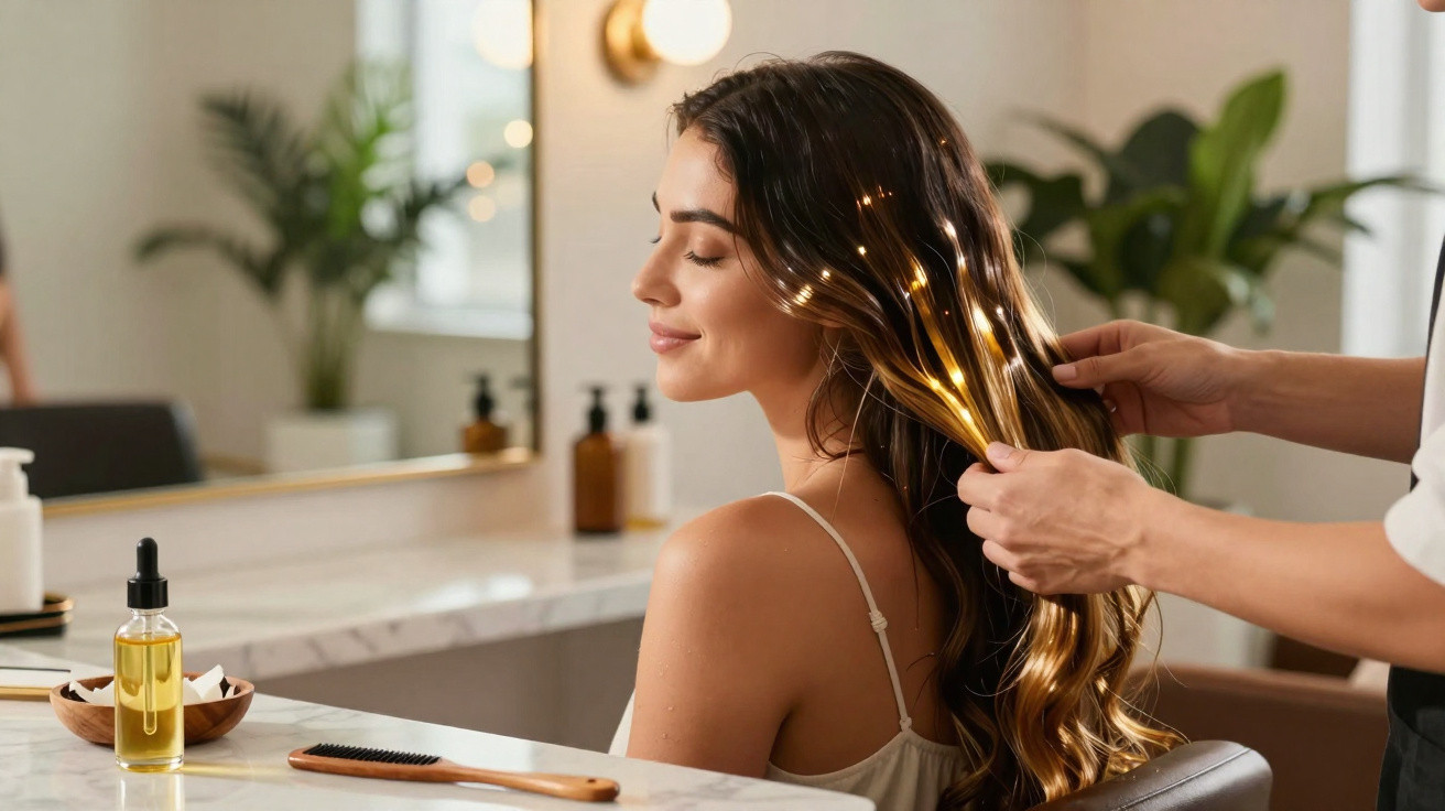Mulher sorridente a receber tratamento capilar num salão de beleza com luz natural suave.
