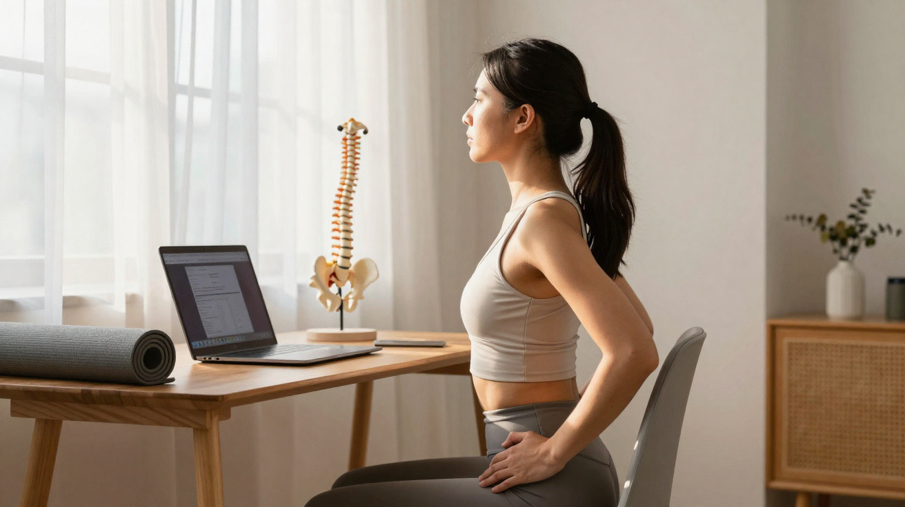 Mulher sentada com postura correta, com modelo de coluna vertebral sobreposto, em ambiente doméstico iluminado.