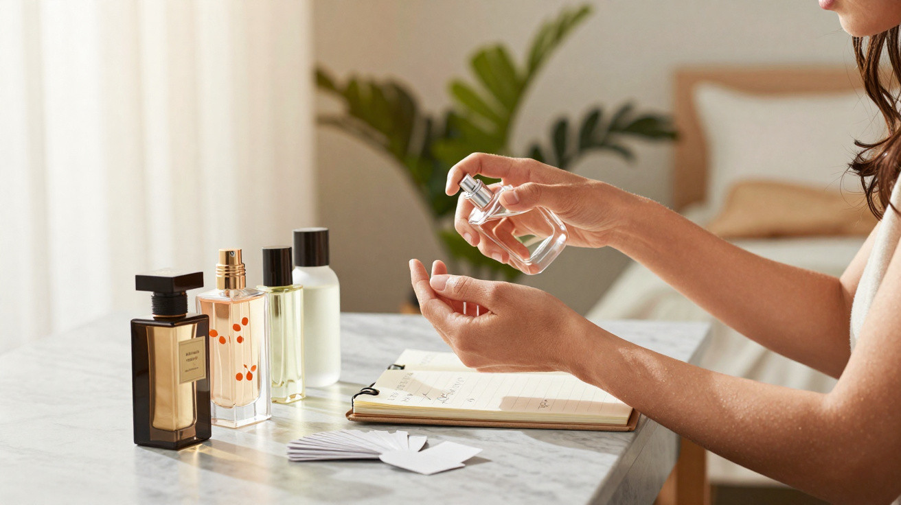 Mulher a borrifar perfume num pulso perto de três frascos de perfume e um caderno sobre uma mesa.