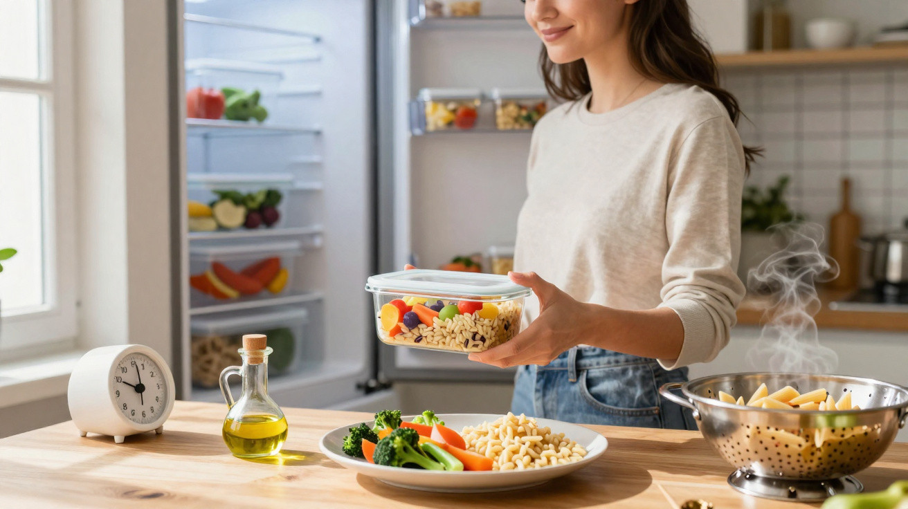 Mulher a guardar legumes em recipiente de vidro, com legumes e azeite numa cozinha moderna.