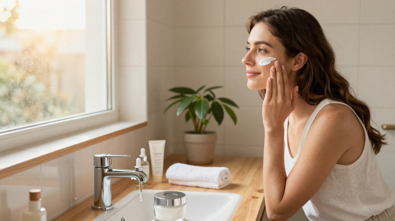 Mulher a aplicar creme facial no rosto em casa, espelho e produtos de cuidados de pele na bancada.