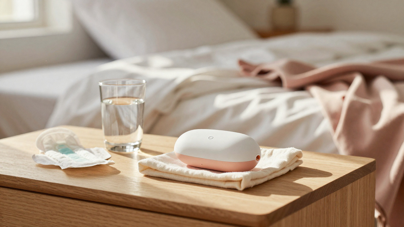 Dispensador branco e rosa para pensos higiénicos sobre mesa de madeira ao lado de copo de água e cama desfocada.