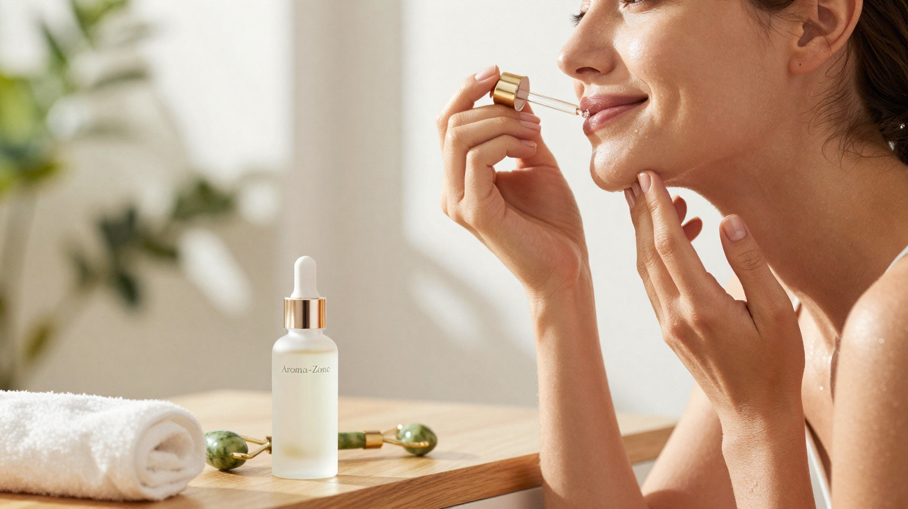 Mulher aplica sérum facial junto a toalha, rolo de massagem e frasco de produto cosmético num ambiente luminoso.