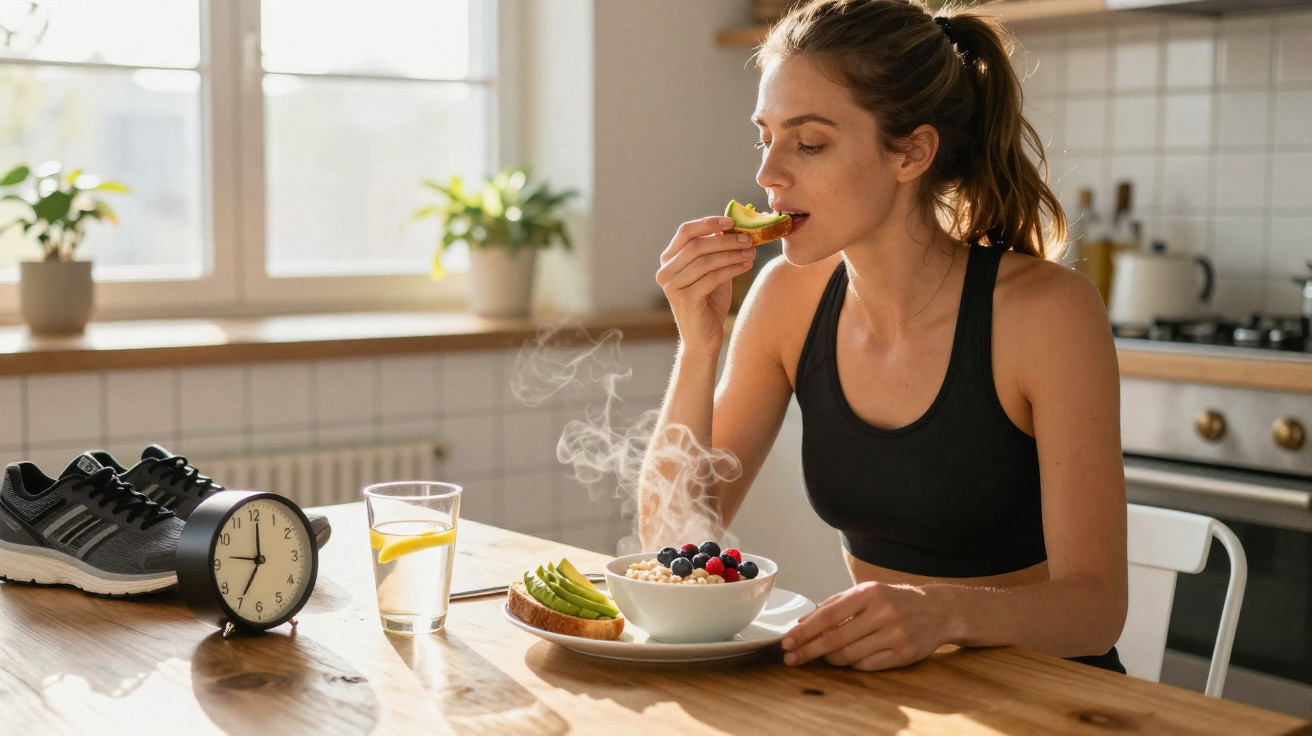 Mulher a comer torrada com abacate ao pequeno-almoço numa cozinha iluminada, com relógio e ténis na mesa.